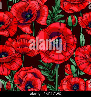 Scharlachrote Mohnblumen, nahtloses Vektormuster Stockfoto