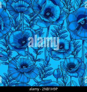 Blauer Mohn, nahtloses Vektormuster, Blumen, Blätter und Stiele Stockfoto