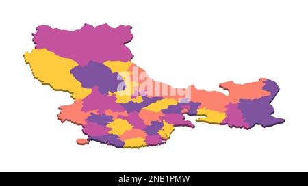 Politische Karte der Verwaltungseinheiten Chinas - Provinzen, autonome Regionen und Gemeinden. Isometrische leere 3D-Vektorzuordnung in vier Farbschemata. Stock Vektor