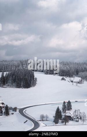 Vertikale Aufnahme eines bewölkten Himmels über schneebedeckten Feldern, dichten Bäumen mit kurviger Straße Stockfoto