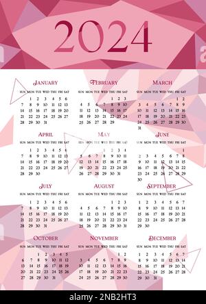 Kalender 2024. Die Woche beginnt am Sonntag. Geometrisches, niedriges Poly-Design. Kalender 2024 auf Englisch. Vertikale A4-Seite Stock Vektor