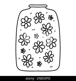 Einfache Blumen in der Flasche. Vektordarstellung auf weiß isoliert. Boho. Printmedien, Poster, T-Shirts, Textilien. Ausmalseite. Stock Vektor