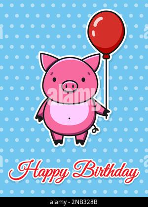 Happy Birthday Vector Kinderkarte. Süßes rosa Schwein mit rotem Ballon. Stock Vektor