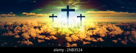 Illustration mit Kreuz von christus und Menschen Gläubigen. Christliche Religion und Jesus. Gott Konzept. Stockfoto