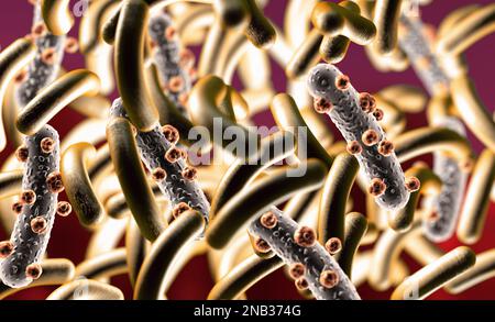 3D Darstellung des mikroskopischen Bildes eines Virus oder einer Infektionszelle.Mikrobakterien und bakterielle Organismen.Biologie und wissenschaftlicher Hintergrund. Stockfoto