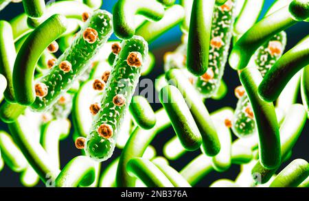 3D Darstellung des mikroskopischen Bildes eines Virus oder einer Infektionszelle.Mikrobakterien und bakterielle Organismen.Biologie und wissenschaftlicher Hintergrund. Stockfoto