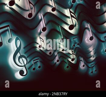 3D Darstellung von Noten und musikalischen Zeichen abstrakter Noten. Lieder und Melodien-Konzept. Hintergrunddesign für Musik. Musikalisches Schreiben. Stockfoto