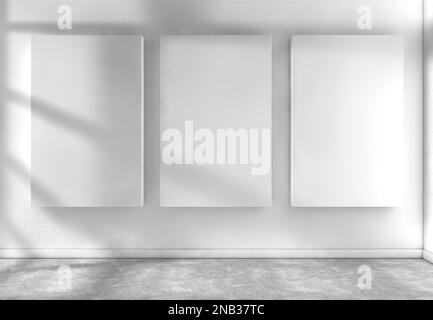 3D-Darstellung der Betonwand mit Leinwand, Triptych und antikem Zementboden mit Fensterbeleuchtung. Leerer Ausstellungsraum mit Gemälden. Stockfoto