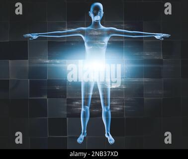 Medizinische Bildgebung und medizinische Behandlungen. Analgetika-Konzept und Muskelschmerzen und -Entzündungen.3D. Illustration.Röntgenbild und Gelenk des menschlichen Körpers Stockfoto