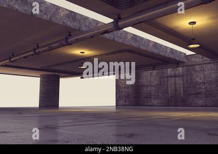 Industrieller Innenraumhintergrund und Zementwände.3D Abbildung. Leerbeton, breiter Raum, Innenraum. Stockfoto