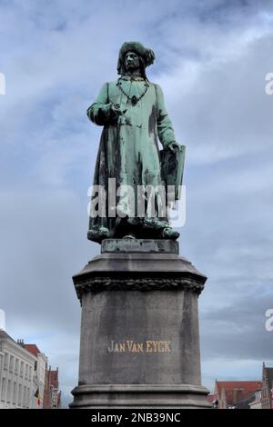 Denkmal des berühmten flämischen Malers Jan Van Eyck in Brügge, Belgien Stockfoto