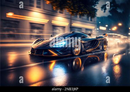 Luxuriöser Sportwagen fährt im Regen auf der Straße der Stadt, Auto mit Scheinwerfer bei Nacht, generative KI. Futuristisches Rennauto auf leichten Pfaden im Hintergrund. Kontra