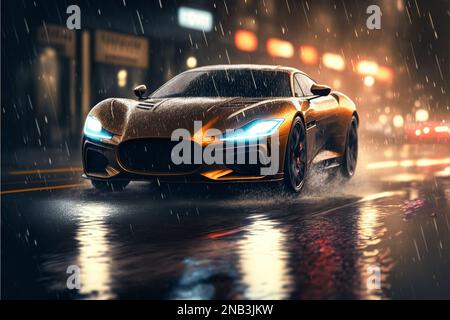 Luxuriöser Sportwagen fährt im Regen auf der Straße der Stadt, Auto mit Scheinwerfer bei Nacht, generative KI. Futuristisches Rennauto auf leichten Pfaden im Hintergrund. Kontra