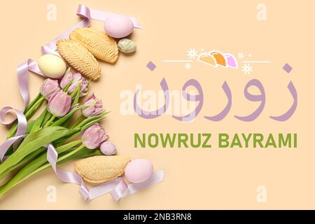 Grußkarte für Novruz Bayram mit Blumen, Eiern und Süßigkeiten Stockfoto