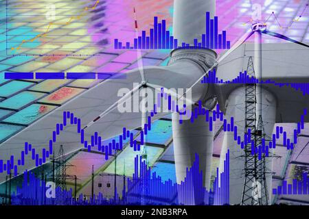 Mehrfachbelichtung von Windmühlen für die Stromversorgung und Diagramme mit bunten Fahrbahnen Stockfoto