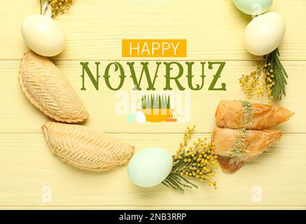 Grußkarte für Novruz Bayram mit Blumen, Eiern und Süßigkeiten Stockfoto