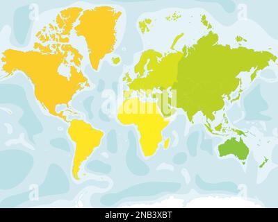 Leere Karte der weltweiten Kontinente – Nordamerika, Südamerika, Afrika, Europa, Asien und Australien. Mercator-Projektion. Hochdetaillierte politische Vektorkarte von Ländern und abhängigen Gebieten mit Bathymetrie. Stock Vektor