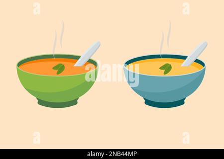 Schüsseln Suppe mit Gemüse und Hähnchen isoliert Stock Vektor