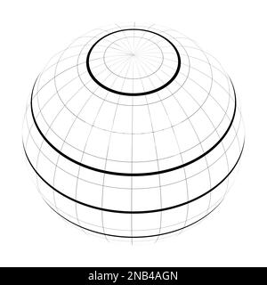 Erdplanetenglobalgitter aus Meridianen und Parallelen oder Breiten- und Längengrad. Dick markierter Äquator, Wendekreis des Krebses, Wendekreis des Steinbocks, Polarkreis und Antarktiskreis. Vektorgrafik Stock Vektor