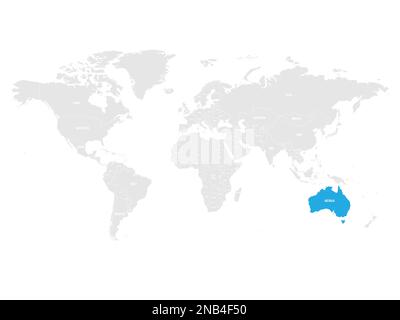 Australien mit blauer Markierung auf einer grauen Weltkarte. Vektordarstellung. Stock Vektor