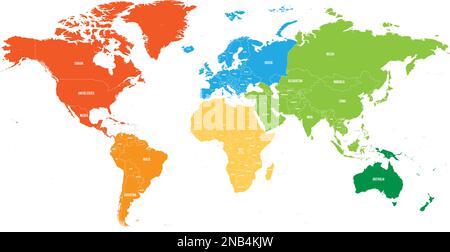 Weltkarte in sechs Kontinente unterteilt. Jeder Kontinent in verschiedenen Farben. Einfache flache Vektorgrafik. Stock Vektor