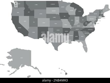 Politische Karte der Vereinigten Staaten von Amerika, USA. Einfache flache Vektorkarte in vier Grautönen mit weißen Statusbezeichnungen auf weißem Hintergrund. Stock Vektor