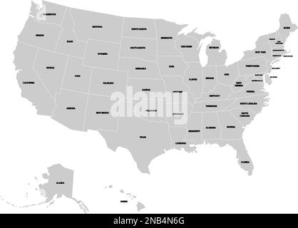 Karte der Vereinigten Staaten von Amerika mit Namen der einzelnen Staaten. Vereinfachte graue Vektorkarte auf weißem Hintergrund und schwarzen Etiketten. Stock Vektor