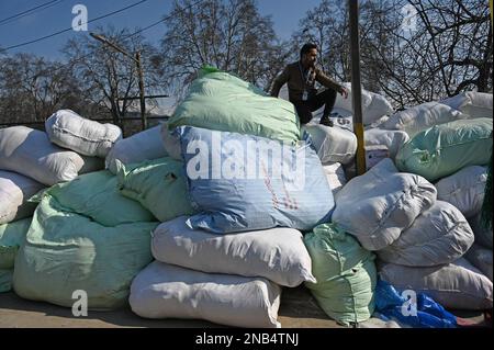 Srinagar, Indien. 13. Februar 2023. SRINAGAR, INDIEN - FEBRUAR 13: Mitglieder einer NRO organisieren Spenden, die am 13. Februar 2023 in Srinagar, Indien, in die von Erdbeben betroffenen Gebiete der Türkei und Syriens gesandt werden sollen. Mindestens 24.617 Menschen wurden in Türkiye getötet und mehr als 80.000 weitere verletzt, während die Todesfälle in Syrien bis Sonntagmorgen auf über 3.500 gestiegen sind. (Foto: Waseem Andrabi/Hindustan Times/Sipa USA) Guthaben: SIPA USA/Alamy Live News Stockfoto