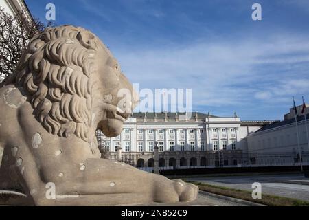 Löwenstatue mit Blick auf den Präsidentenpalast - Pałac Prezydencki - die offizielle Residenz des polnischen Staatsoberhaupts Warschau Polen Stockfoto