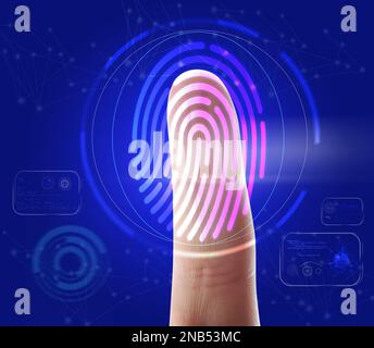 Mann mit biometrischem Fingerabdruck-Scanner auf blauem Hintergrund, Nahaufnahme Stockfoto