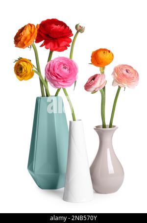 Wunderschöne Ranunculus-Blumen in weißen Vasen Stockfoto