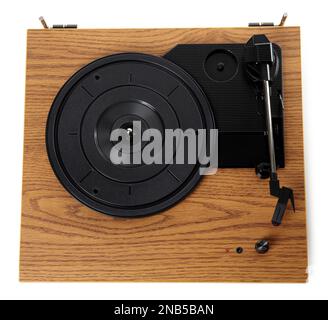 Moderner Plattenspieler aus Vinyl isoliert auf weiß, Draufsicht Stockfoto