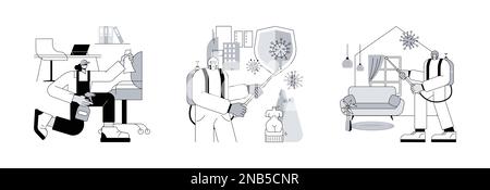 Covid19 Virus Spread Control abstraktes Konzept Vektor-Illustration-Set. Gewerbliche Reinigung, öffentliche Reinigung, Sterilisation zu Hause, persönliche Hygiene, Büroreinigung abstrakte Metapher. Stock Vektor