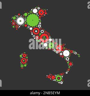 Italien: Mosaik aus Zahnrädern und Zahnrädern. Darstellung in nationalen Farben auf dunkelgrauem Hintergrund. Stock Vektor