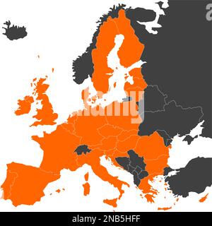 Graue Karte von Europa mit orangefarbener Markierung von 28 EU-Mitgliedstaaten. Vektordarstellung. Vereinfachte Karte der Europäischen Union. Stock Vektor