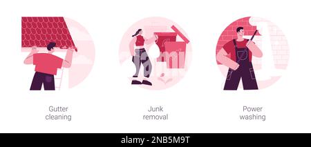 Haus- und Gartenpflege abstraktes Konzept Vektorbildungs-Set. Rinnreinigung, Müllbeseitigung, Hochdruckreinigung, Blatt- und Moosentfernung, Müllentsorgung, Staub- und Schimmelentfernung abstrakte Metapher. Stock Vektor