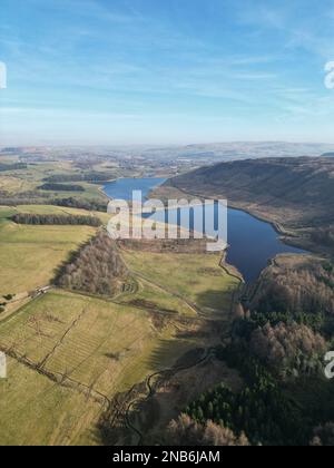 Luftaufnahme von Calf Hey Reservoir und Ogden Reservoir in Haslingden Grane. Stockfoto