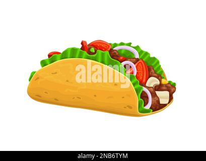 Mexikanische Cartoon-Tacos, isolierter Vektor-Tex-Mex-Imbiss. Traditionelle mexikanische Mahlzeit aus Mais- oder Weizentortilla mit gegrilltem Hühnerfleisch und frischem Gemüse. Fastfood zum Mitnehmen Stock Vektor