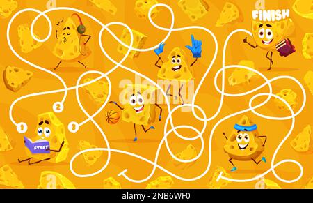Labyrinth-Labyrinth-Spiel, Cartoon-Käsefiguren. Quiz zum Vektorarbeitsblatt für Kinder mit lustigen gouda- oder maasdam-Schnitten, verwickelten Pfaden, Start und Ende. Pädagogisches Spiel für Kinder, finden Sie einen richtigen Weg Stock Vektor