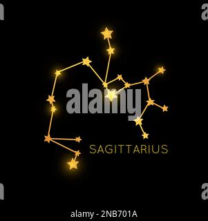 Sagittarius goldene Konstellation am Nachthimmel, Zodiakzeichen im Weltall. Vektor kosmische Magie goldene Sterne oder Planeten, Astrologie-Horoskop-Symbol Stock Vektor