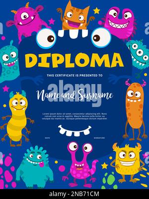 Kinder Diplom Cartoon niedliche Monster Charaktere. Eine Zeichentrickschule oder ein Kindergartenzertifikat mit lustigen bunten Tieren, Außerirdischen oder Halloween-Kreaturen. Rahmenvorlage für Graduierung Stock Vektor