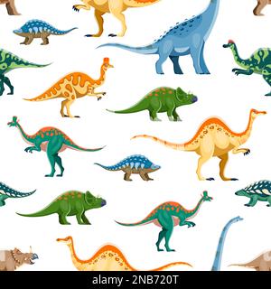 Cartoon-Dinosaurier-Charaktere mit nahtlosem Muster. Stoffdruck, Wickelpapier Vektormuster mit Panoplosaurus, Titanosauria, Hypacrosaurus, Corythosaurus und Avaceratops, Lambeosaurus niedliche Persönlichkeiten Stock Vektor