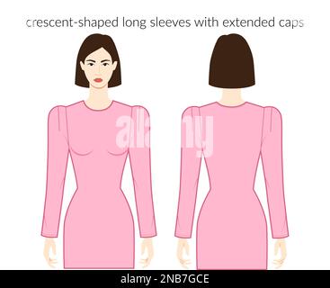 Sichelförmige Ärmel lange Kleidung Figur wunderschöne Dame in pinkfarbenem Oberteil, Hemd, Kleid, technische Modezeichnung mit passgenauem Body. Flache Bekleidungsvorlage. Frauen, Männer, Unisex-CAD-Modell Stock Vektor