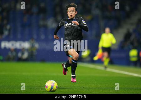 Barcelona, Spanien. Februar 13 2023, Barcelona, Spanien. 13/02/2023, Takefusa Kubo von Real Sociedad während des Spiels La Liga zwischen RCD Espanyol und Real Sociedad, gespielt am 13. Februar im RCDE-Stadion in Barcelona, Spanien. (Foto von / Bagu Blanco / PRESSIN) Stockfoto