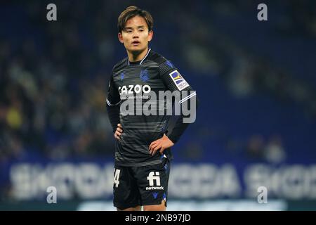 Barcelona, Spanien. Februar 13 2023, Barcelona, Spanien. 13/02/2023, Takefusa Kubo von Real Sociedad während des Spiels La Liga zwischen RCD Espanyol und Real Sociedad, gespielt am 13. Februar im RCDE-Stadion in Barcelona, Spanien. (Foto von / Bagu Blanco / PRESSIN) Stockfoto