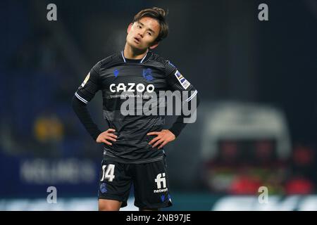 Barcelona, Spanien. Februar 13 2023, Barcelona, Spanien. 13/02/2023, Takefusa Kubo von Real Sociedad während des Spiels La Liga zwischen RCD Espanyol und Real Sociedad, gespielt am 13. Februar im RCDE-Stadion in Barcelona, Spanien. (Foto von / Bagu Blanco / PRESSIN) Stockfoto