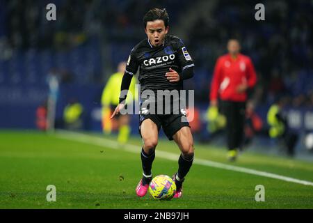 Barcelona, Spanien. Februar 13 2023, Barcelona, Spanien. 13/02/2023, Takefusa Kubo von Real Sociedad während des Spiels La Liga zwischen RCD Espanyol und Real Sociedad, gespielt am 13. Februar im RCDE-Stadion in Barcelona, Spanien. (Foto von / Bagu Blanco / PRESSIN) Stockfoto