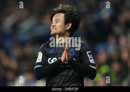 Barcelona, Spanien. Februar 13 2023, Barcelona, Spanien. 13/02/2023, Takefusa Kubo von Real Sociedad während des Spiels La Liga zwischen RCD Espanyol und Real Sociedad, gespielt am 13. Februar im RCDE-Stadion in Barcelona, Spanien. (Foto von / Bagu Blanco / PRESSIN) Stockfoto