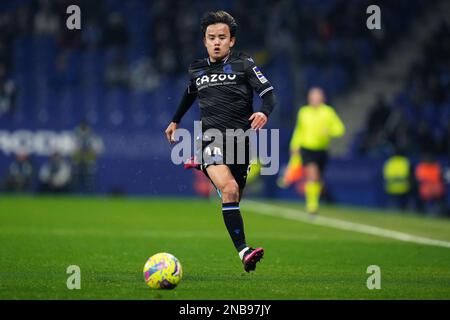 Barcelona, Spanien. Februar 13 2023, Barcelona, Spanien. 13/02/2023, Takefusa Kubo von Real Sociedad während des Spiels La Liga zwischen RCD Espanyol und Real Sociedad, gespielt am 13. Februar im RCDE-Stadion in Barcelona, Spanien. (Foto von / Bagu Blanco / PRESSIN) Stockfoto