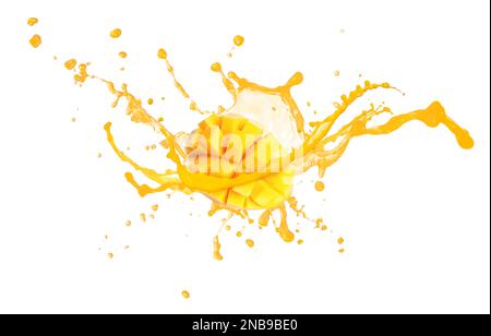 Ein Spritzer köstlicher Mangosaft auf weißem Hintergrund Stockfoto